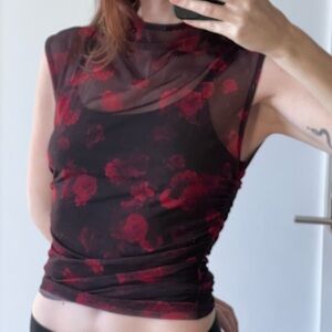 Abercrombie & Fit h Floral Mesh Sleeveless Top - Black and Red